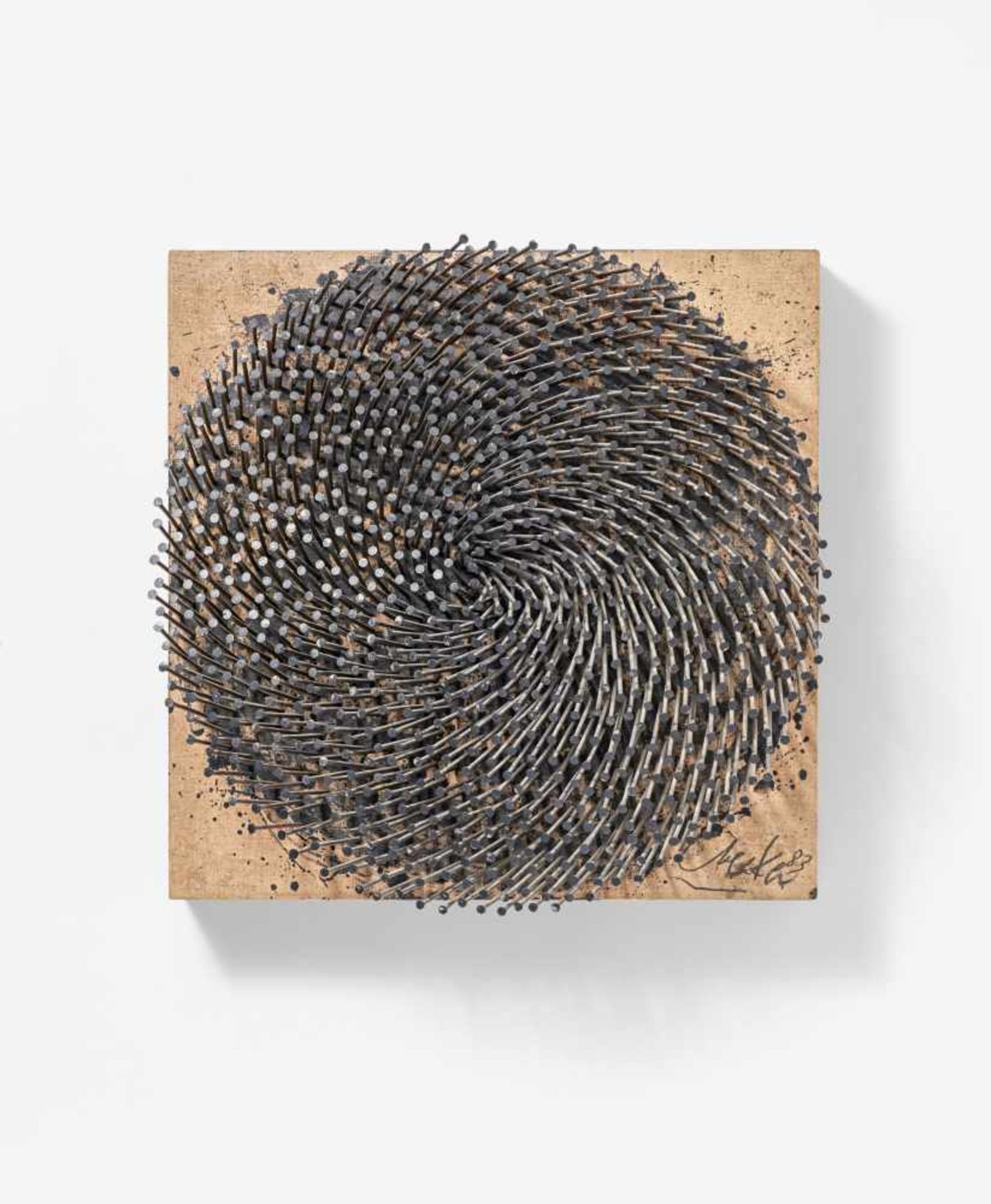 Uecker, Günther1930 Wendorf"Dunkle Spirale". 1983. Hammered nails and paint on canvas, pulled over
