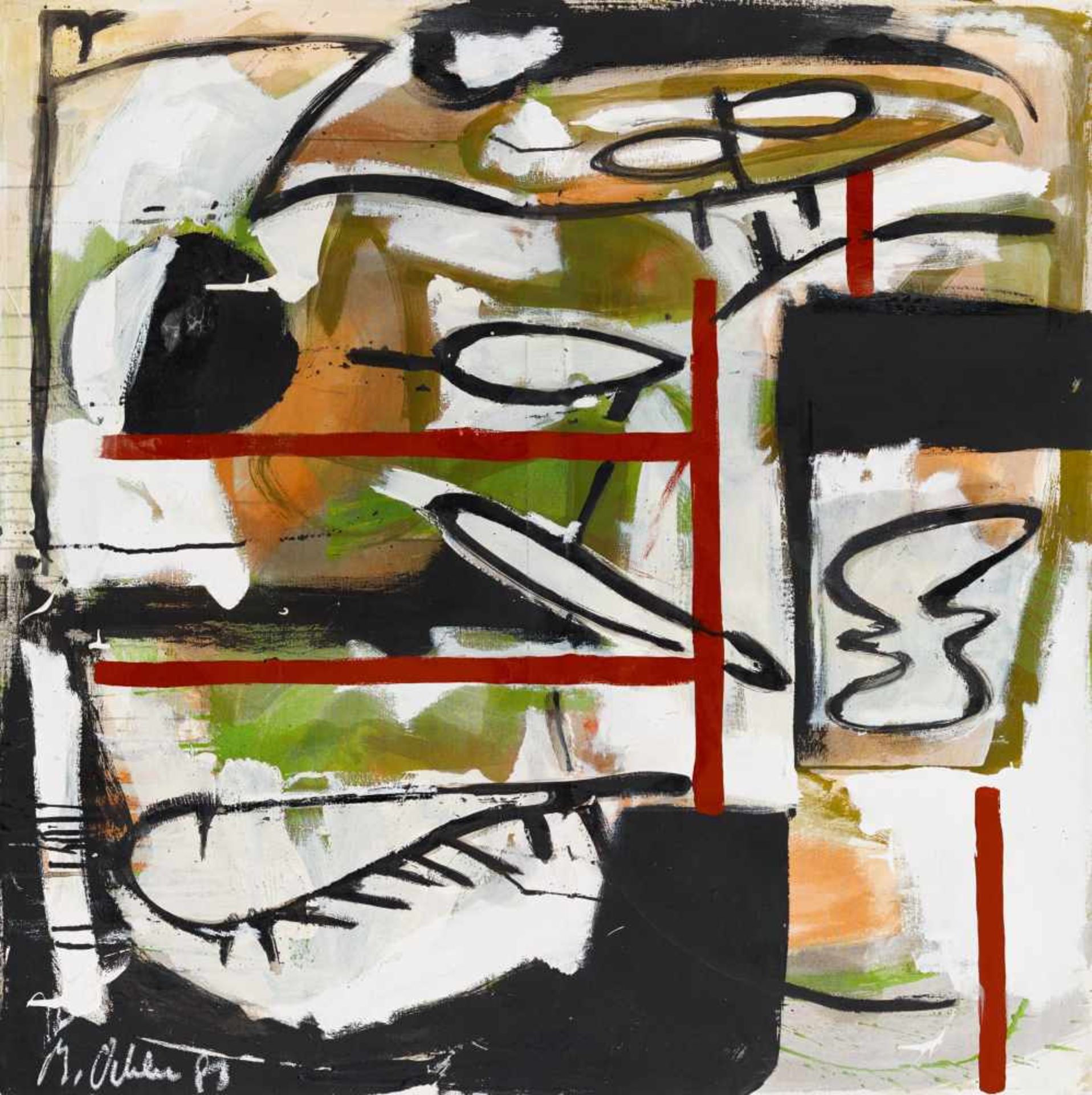 Oehlen, Markus1956 KrefeldUntitled. 1983. Mixed media on canvas. 105.5 x 100cm. Signed and dated