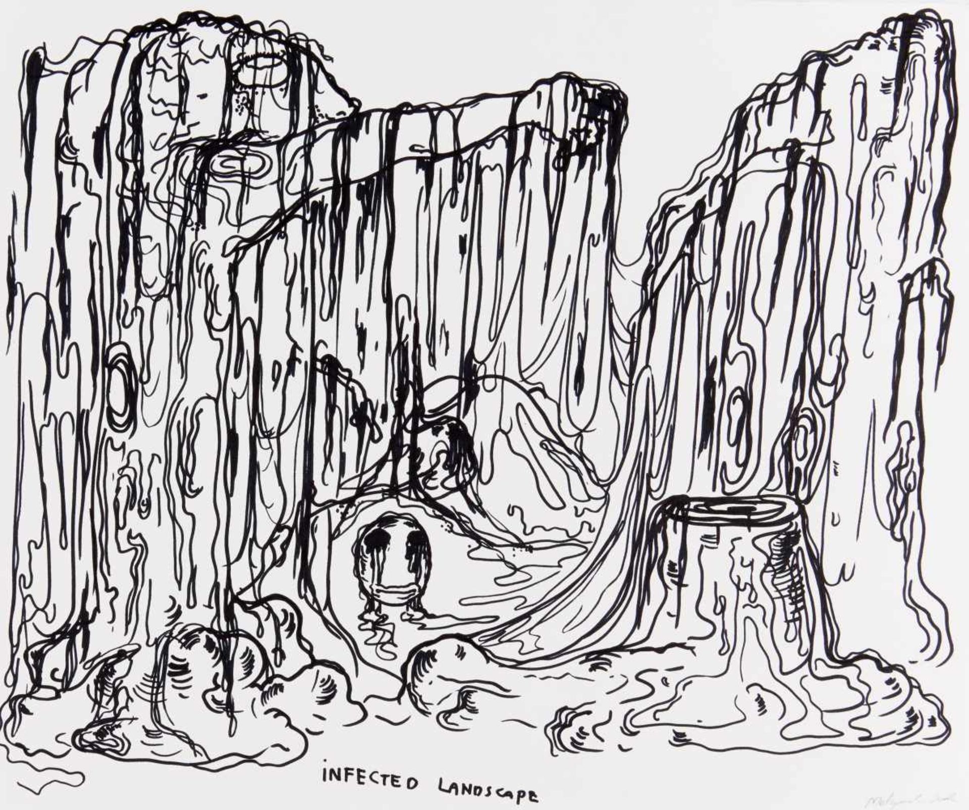 Melgaard, Bjarne1967 Sydney"INFECTED LANDSCAPE". 2001. Felt tip pen on paper. 33 x 40cm. Titled,