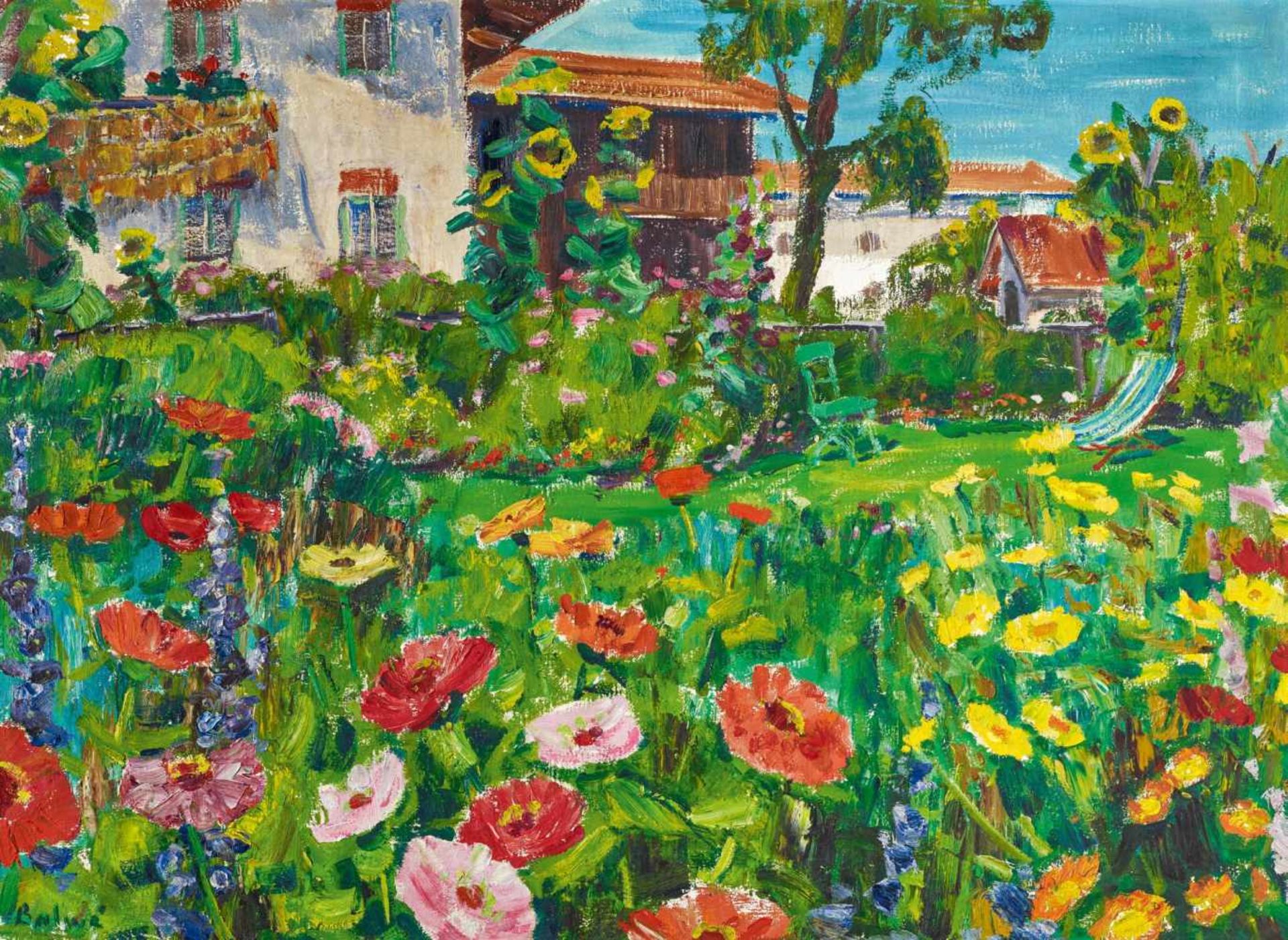 Balwé, Arnold1898 Dresden - 1983 Prien"Bauerngarten". 1956. Oil on canvas. 73.5 x 100cm. Signed