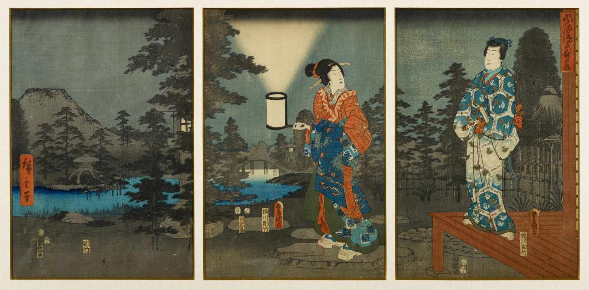 UTAGAWA, HIROSHIGE I. UND KUNISADA I.Night Garden (Yoru no niwa). Japan. Edo period. 1853. Ôban-
