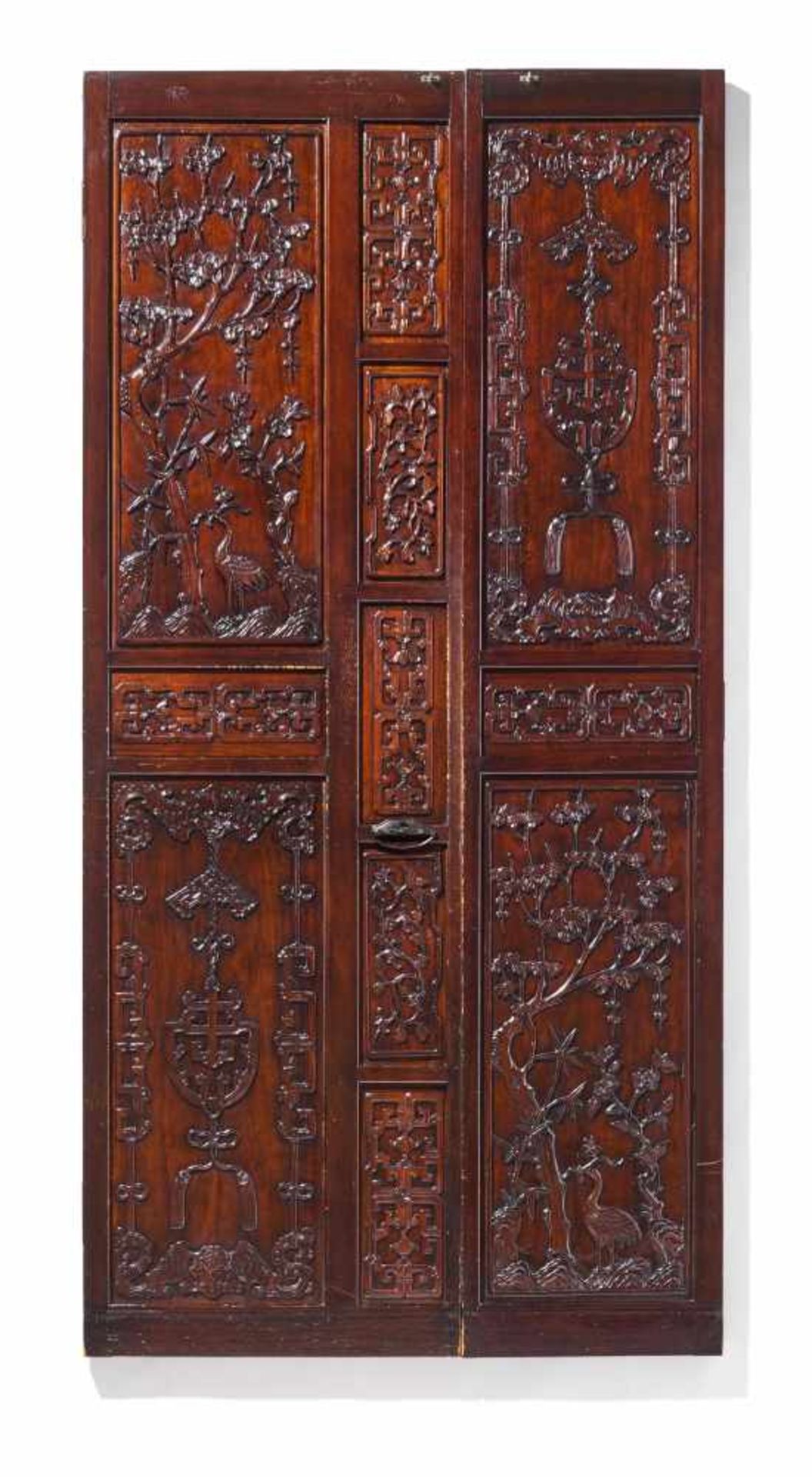 TWO-PART DOOR WITH PLUMS, CRANES AND MEDALLIONS OF GOOD FORTUNE. China. Qing dynasty (1644-1911).