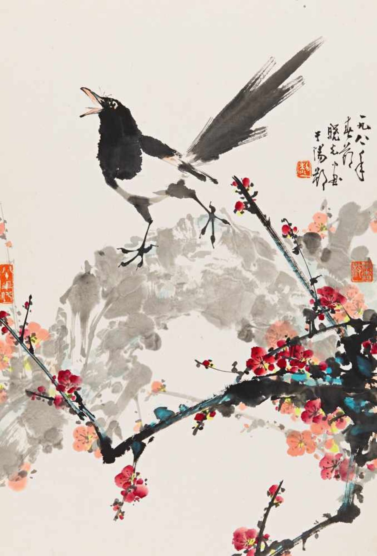 TWO PAINTINGS WITH MOUNTAIN LANDSCAPE RESP. MAGPIE AND PLUM. China. Dated 1981. Li Ying (1934- - Bild 2 aus 2