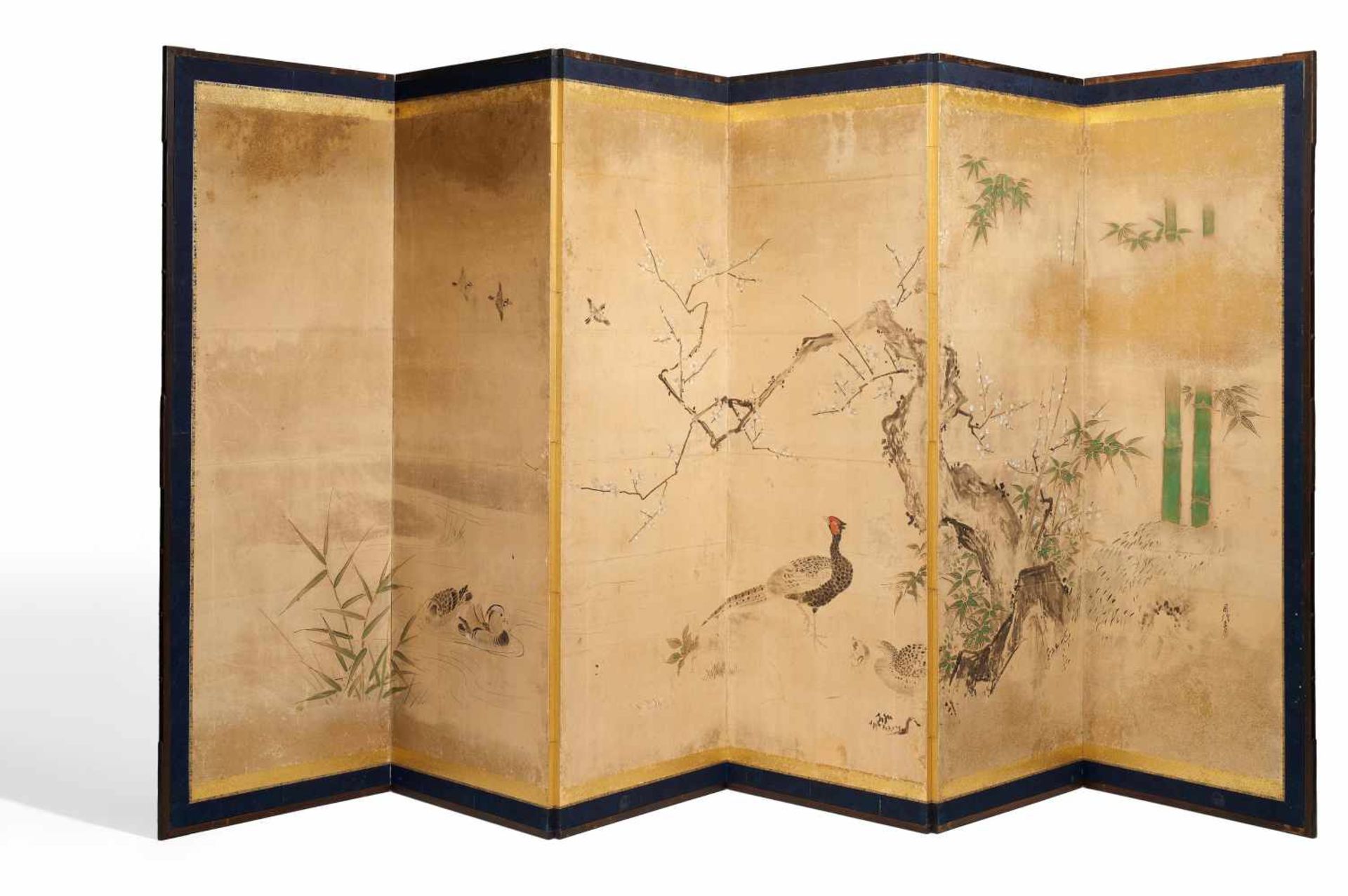 IMPORTANT SCREEN (BYÔBU) WITH BIRDS, PLUMS AND BAMBOO. Japan. Edo period (1603-1868). 17th/18th c.