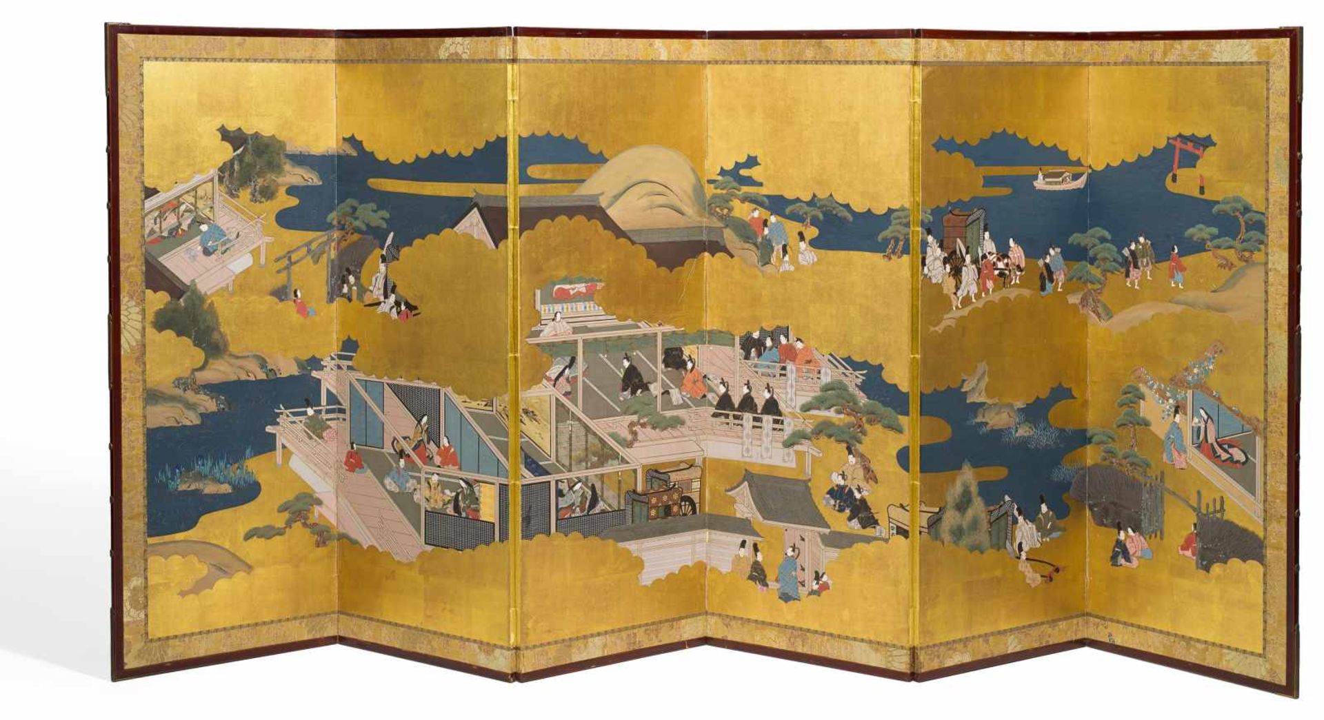 SCREEN (BYÔBU) WITH SCENES FROM THE GENJI MONOGATARI. Japan. 19th c. Tosa School, unsigned.