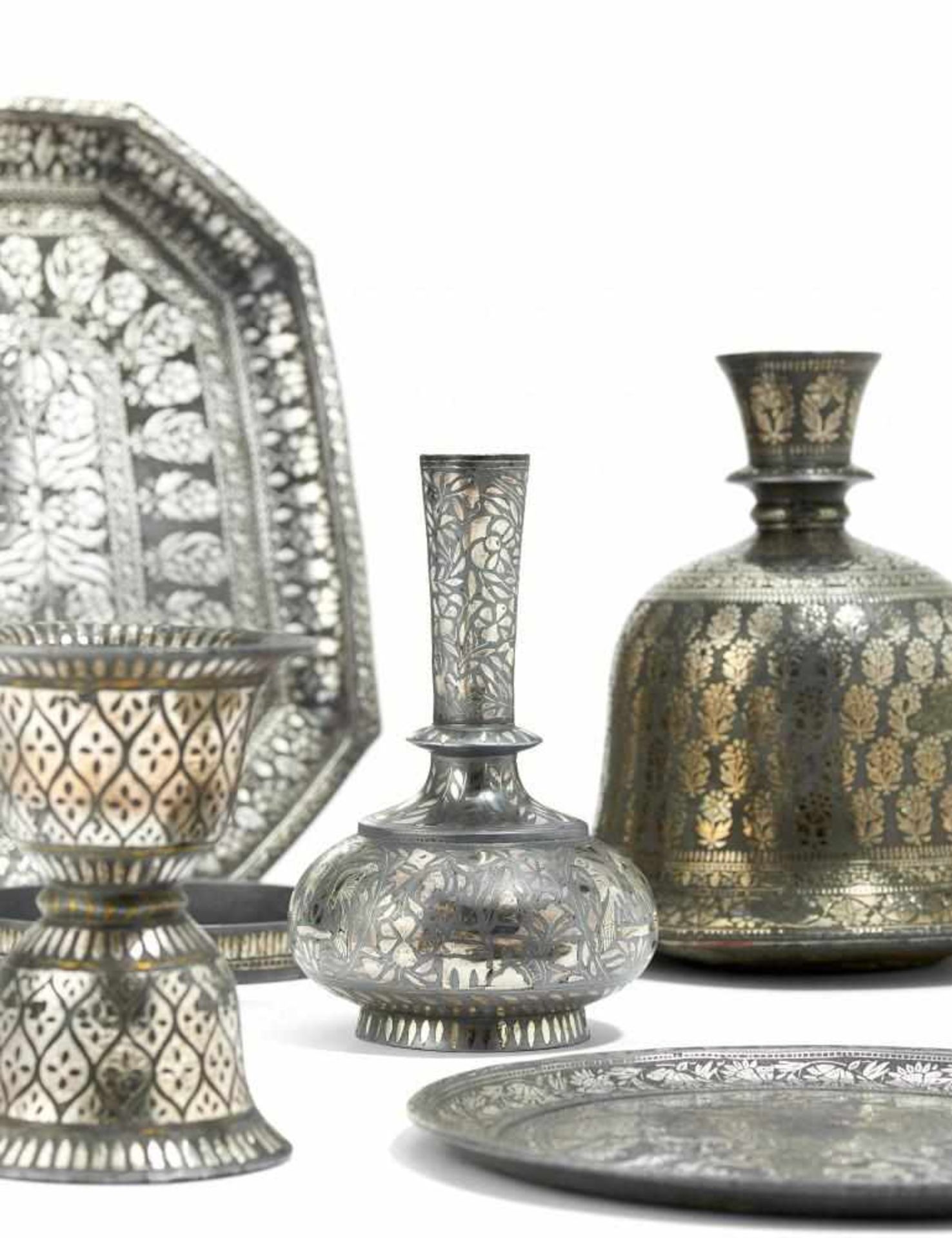HUQQA BASES, SPITTOON AND PAAN DISH. India. 18th/19th c. Bidri ware. Bronze with silver inlay. Two