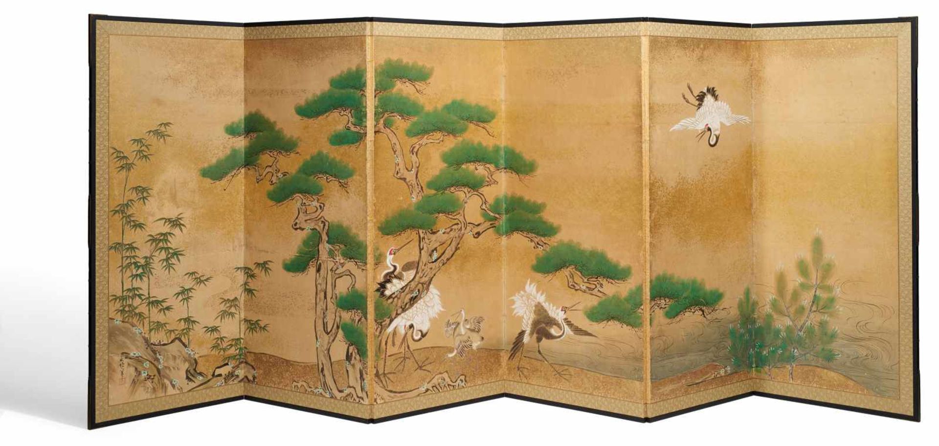 SCREEN (BYÔBU) WITH CRANES, PINES AND BAMBOO. Japan. Edo period (1603-1868). Pigments, shell lime (