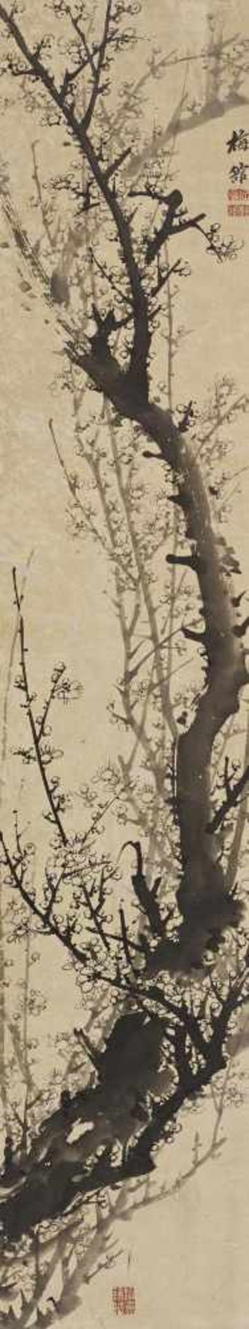 TWO INK PAINTINGS WITH PLUMS. China. 19th/20th c. Ink on paper resp. silk. a) Flowering plums.
