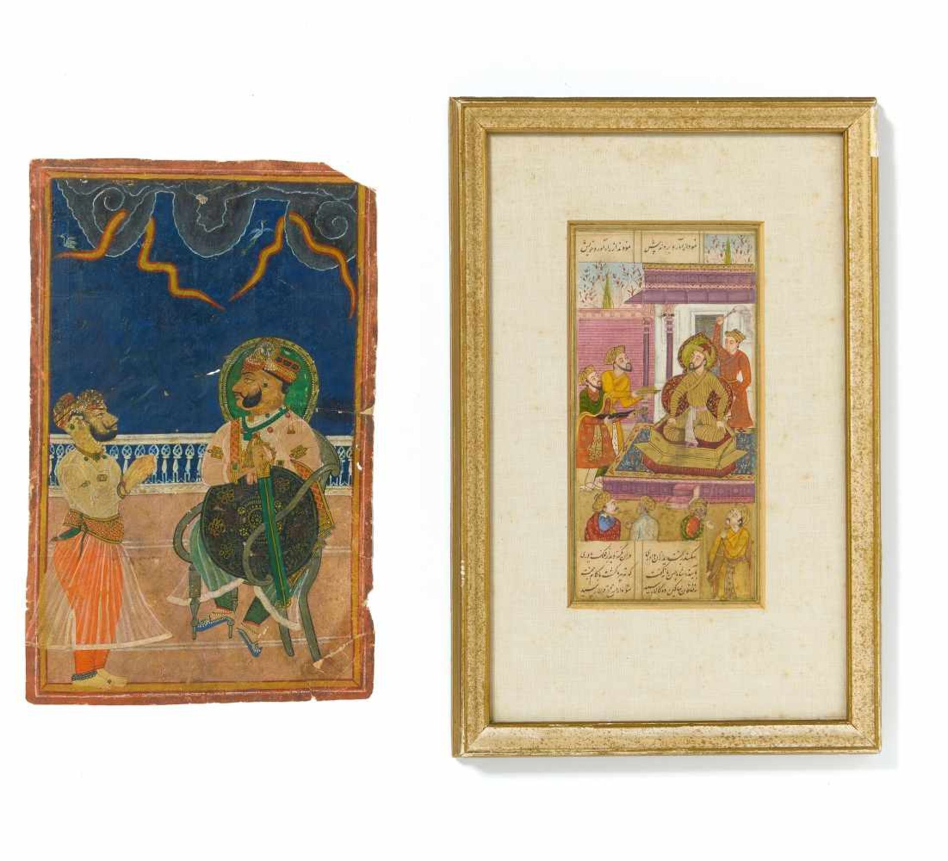 TWO PAINTINGS WITH MAHARAJA. Mughal India. 18th/19th c. Pigments and gold leaf on paper. a) Two