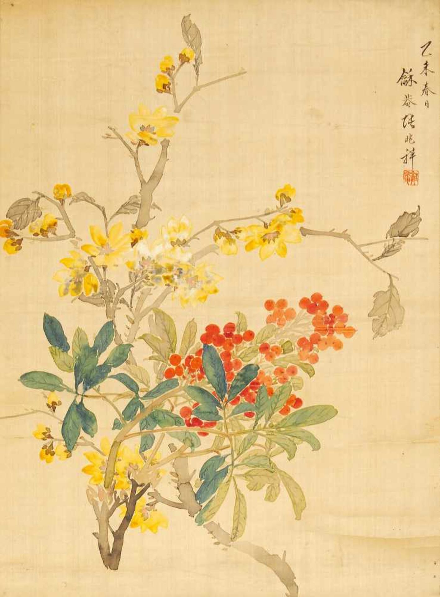 ZHANG, ZHAOXIANG1852 Tianjin - 1908. Flowering kapok twigs and nandina. China. Cyclically dated