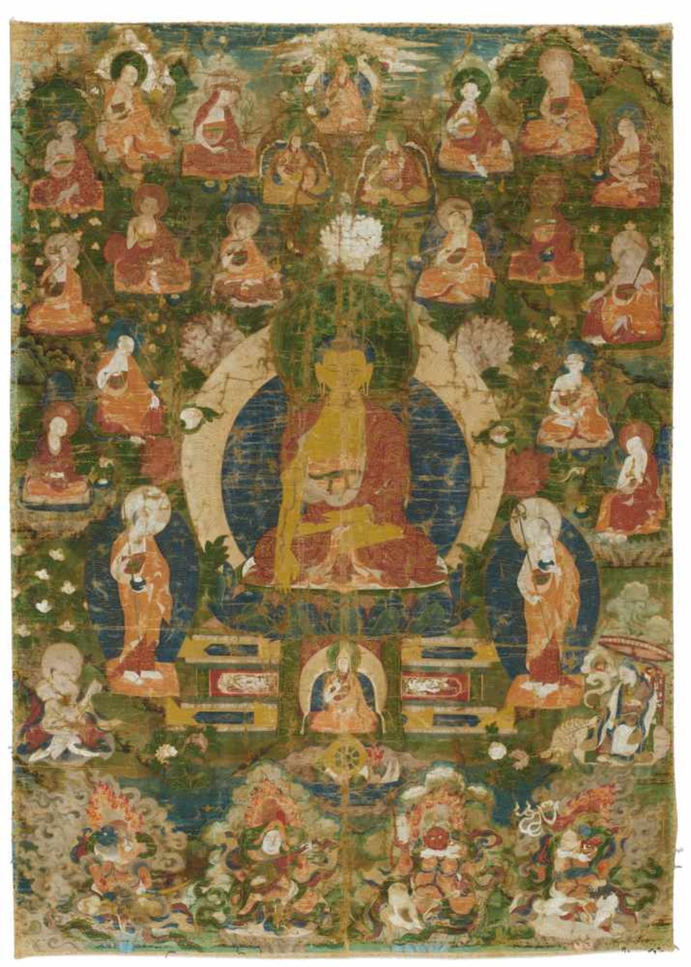 THANGKA OF BUDDHA SHAKYAMUNI WITH THE 16 ARHAT. Tibet. 19th c. Pigments and gold on fabric. Fine