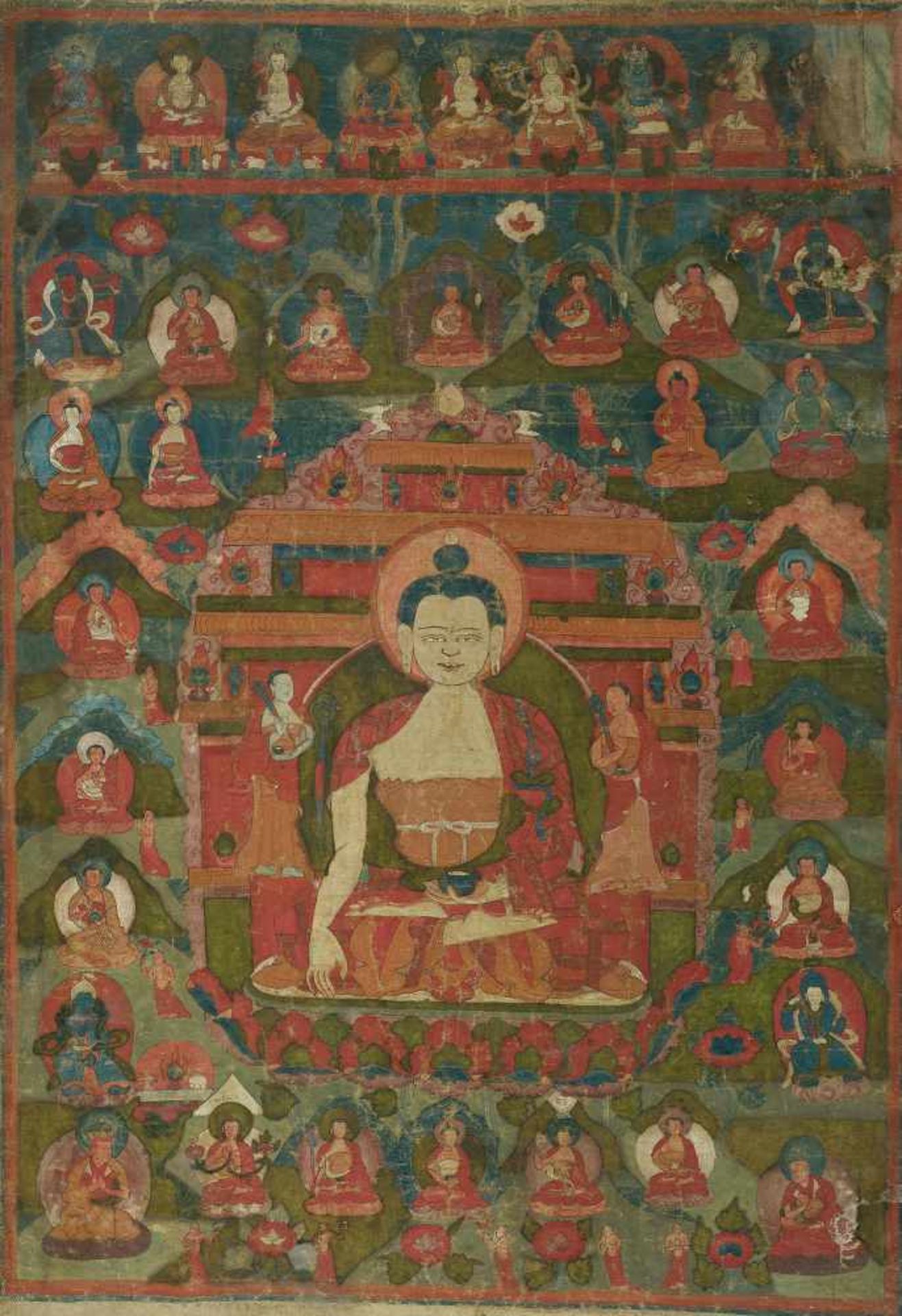 RARE BONPO THANGKA WITH TRITSUG GYALWA. Tibet. 18th c. Pigments on fabric. The picture shows the