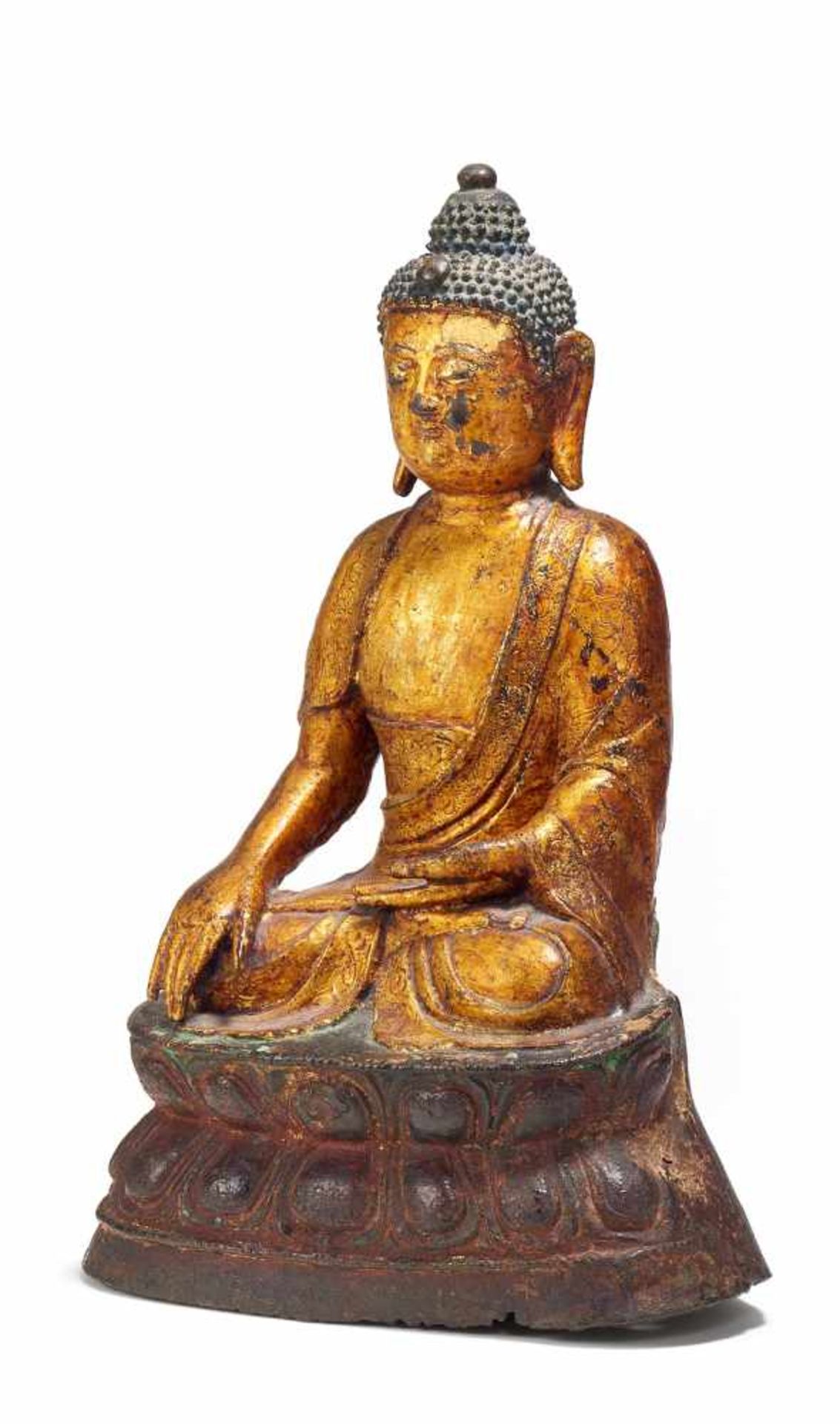 BUDDHA IN BHUMISPARSA MUDRA. China. 16th/17th c. Bronze with lacquer and lacquer gilding. Height