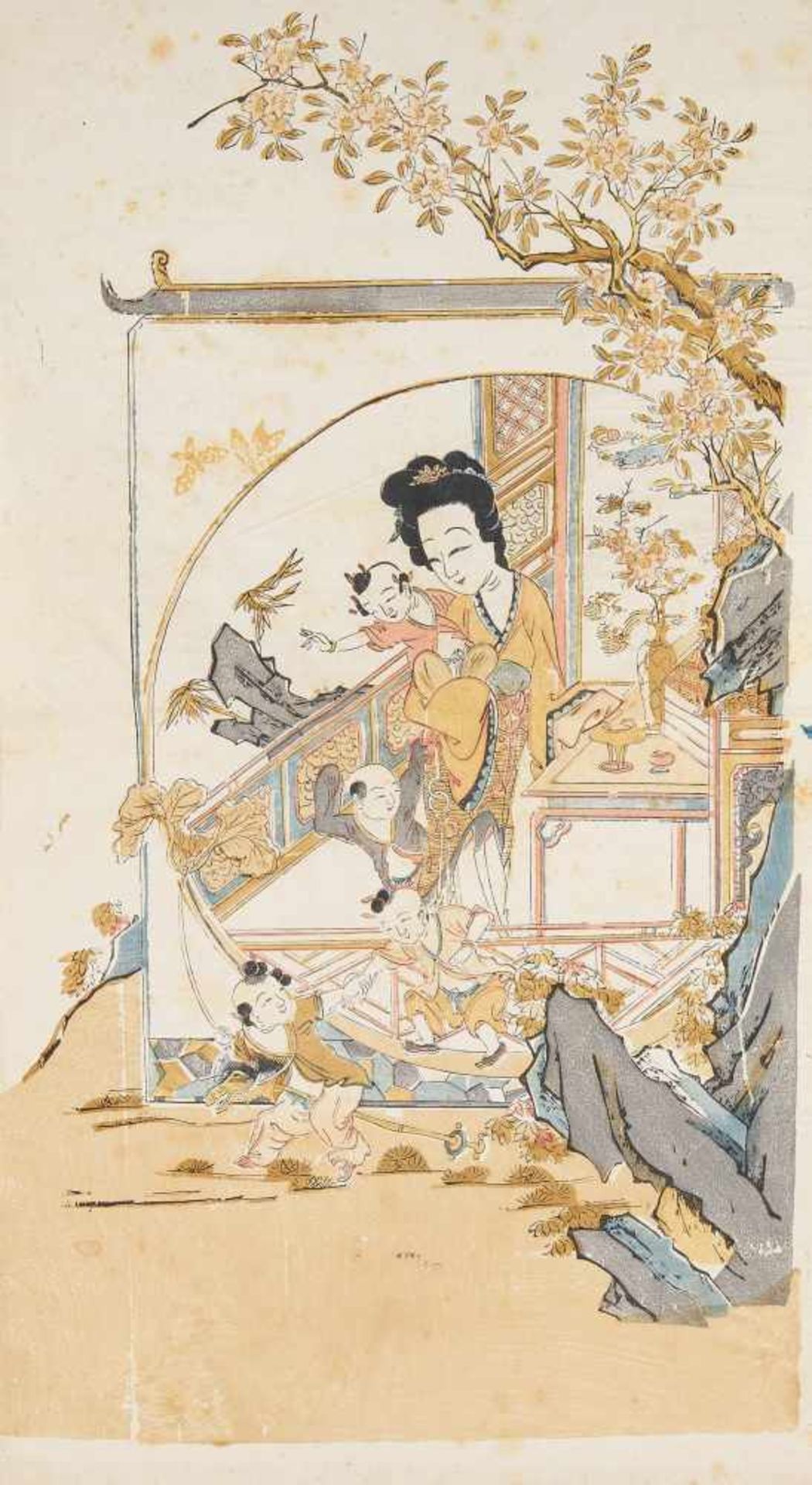 FOUR WOODBLOCK PRINTS IN TWO BOOKLETS WITH LADIES AND PLAYING BOYS. China. Qing dynasty. 17th/18th