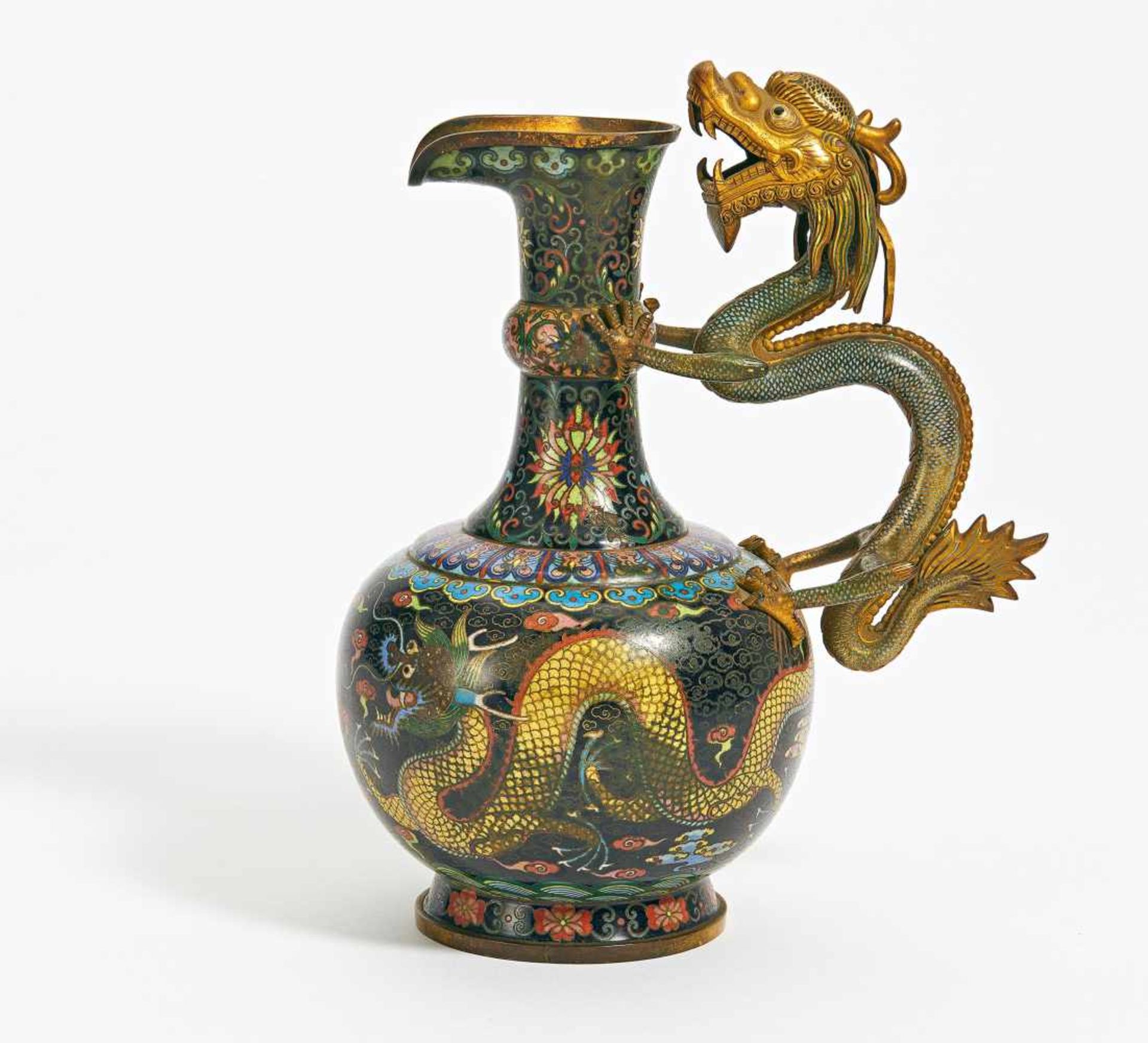 WINE EWER WITH DRAGON HANDLE. China. Qianlong style, but later. Copper with gilding and cloisonné.