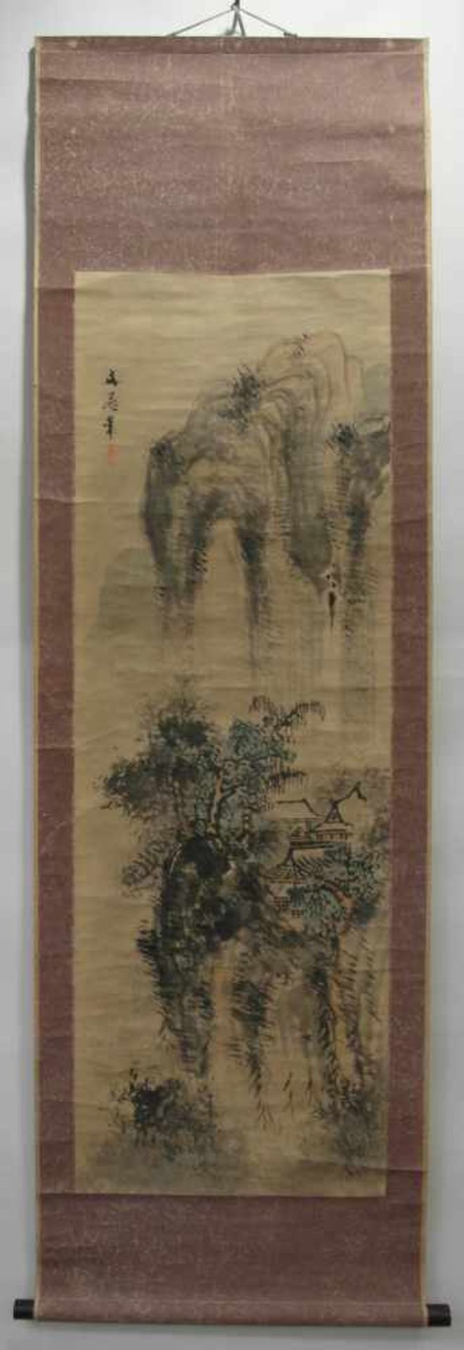 FOUR MOUNTAIN LANDSCAPES. Japan. 19th/20th c. Ink and colors on paper resp. silk. Mounted as hanging - Bild 3 aus 5