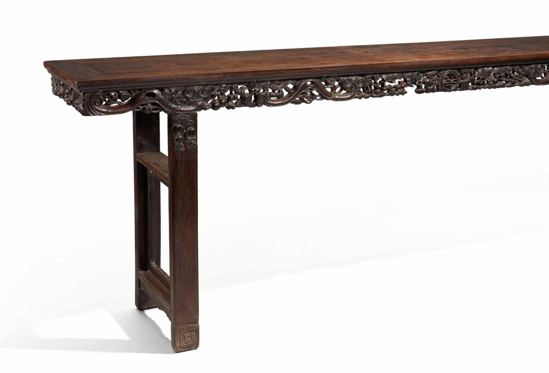 VERY LARGE ALTAR TABLE WITH APRON IN OPENWORK. China. Qing dynasty (1644-1911). Hardwood with dark