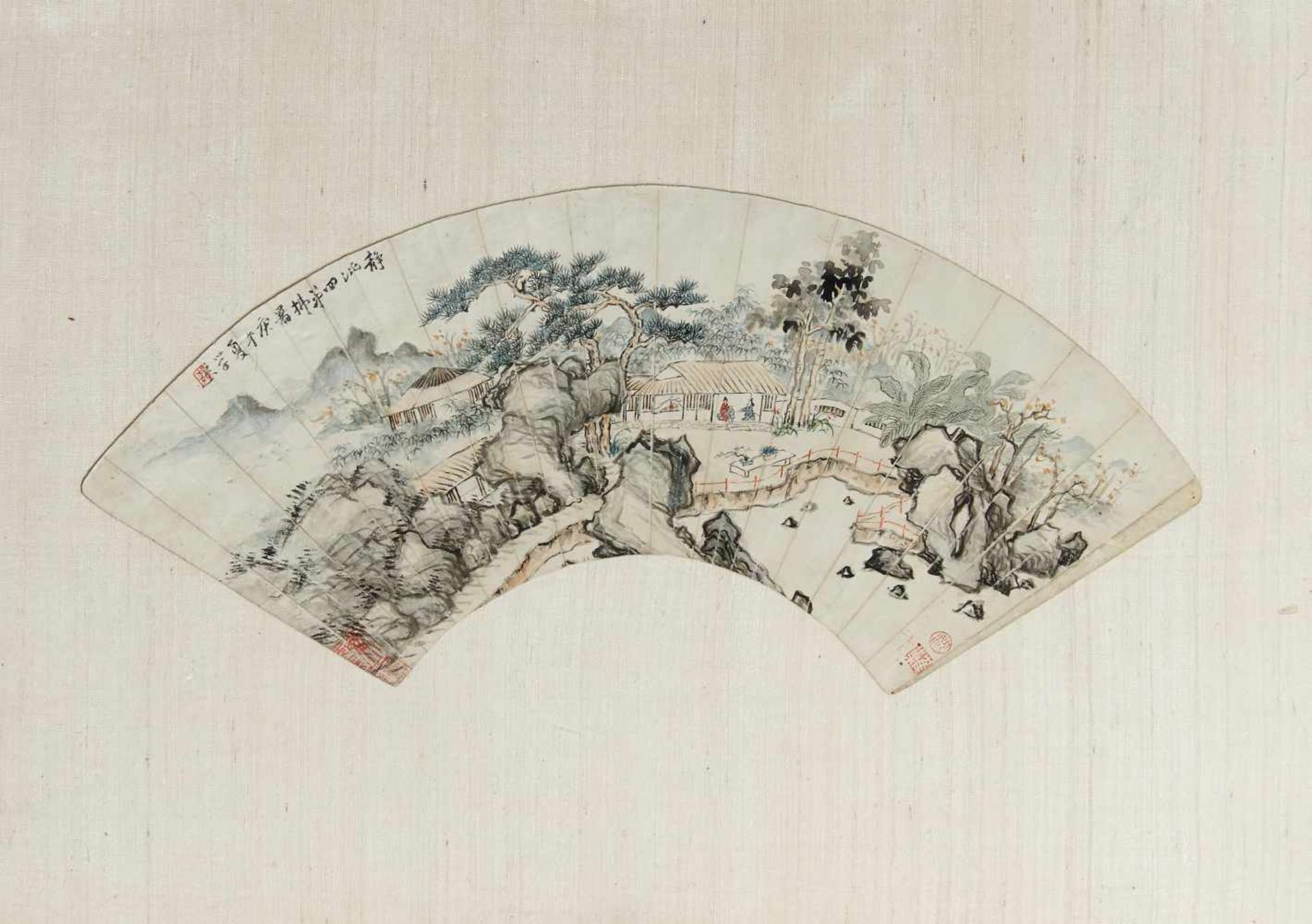 TWO FAN PAINTINGS. China. 19th c. Ink and color on paper. Mounted with passe-partout on cardboard, - Bild 2 aus 2