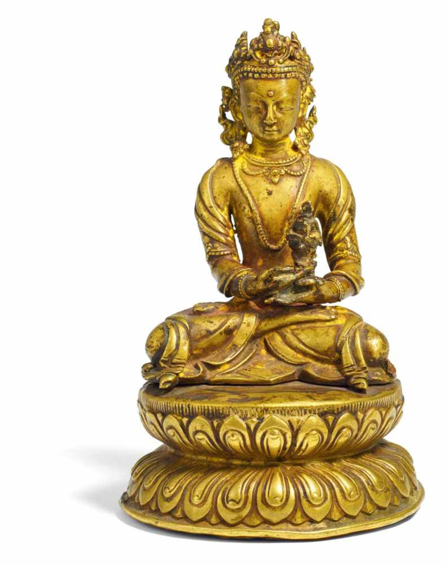 EXTRAORDINARY FIGURE OF BUDDHA AMITAYUS. Tibet. 17th/18th c. or earlier. Light bronze with residue