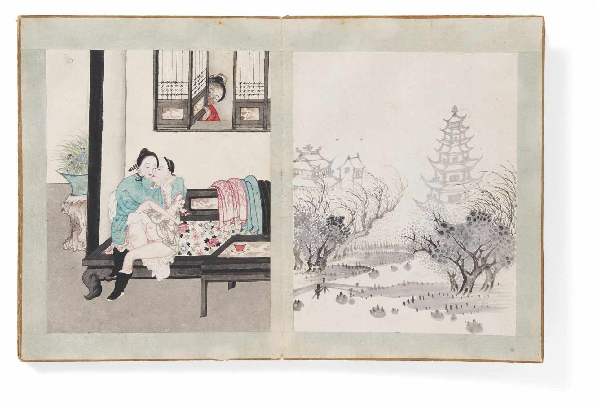 FANFOLD BOOK WITH 18 EROTIC AND 18 BLACK INK PAINTINGS. China. Qing dynasty. 18th/19th c. Ink, - Bild 3 aus 17