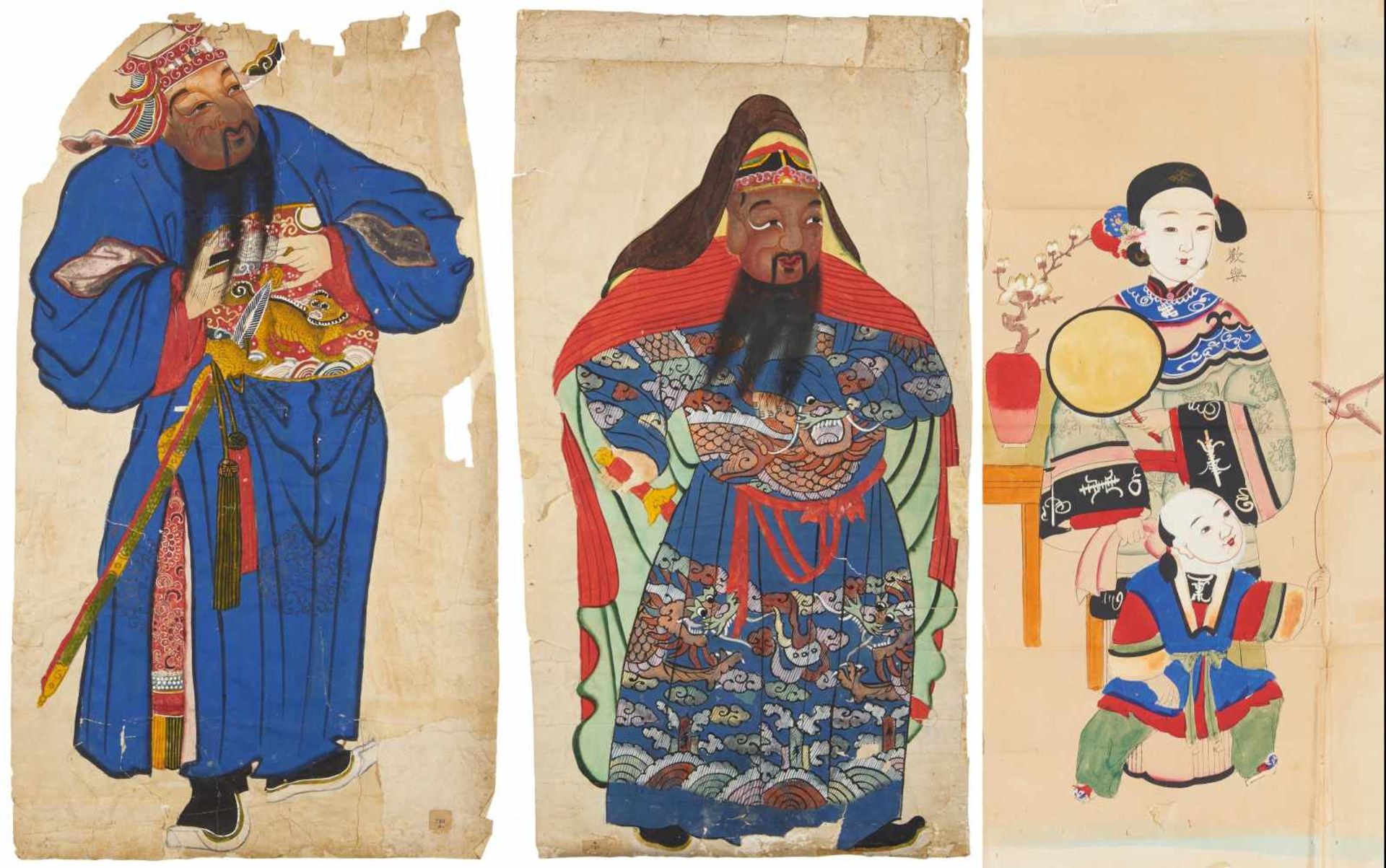 THREE COLORED WOODBLOCK PRINTS WITH DOOR GODS RESP. A MOTHER WITH BOY. China. Qing dynasty. 18th