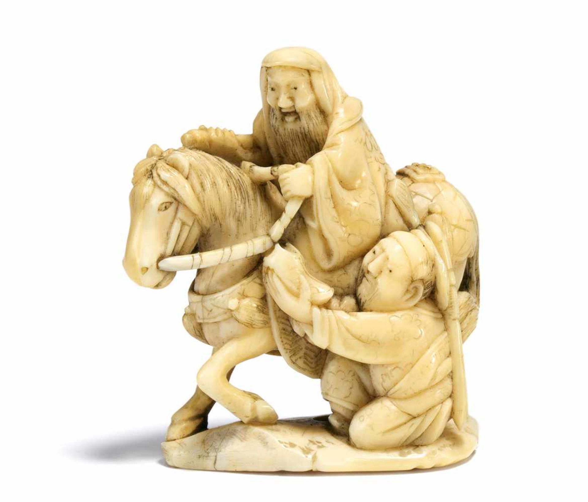 NETSUKE: KÔSEKIKÔ ON MULE AND CHÔRYÔ GIVING HIM BACK HIS LOST SHOE. Japan. 19th c. Ivory with finely