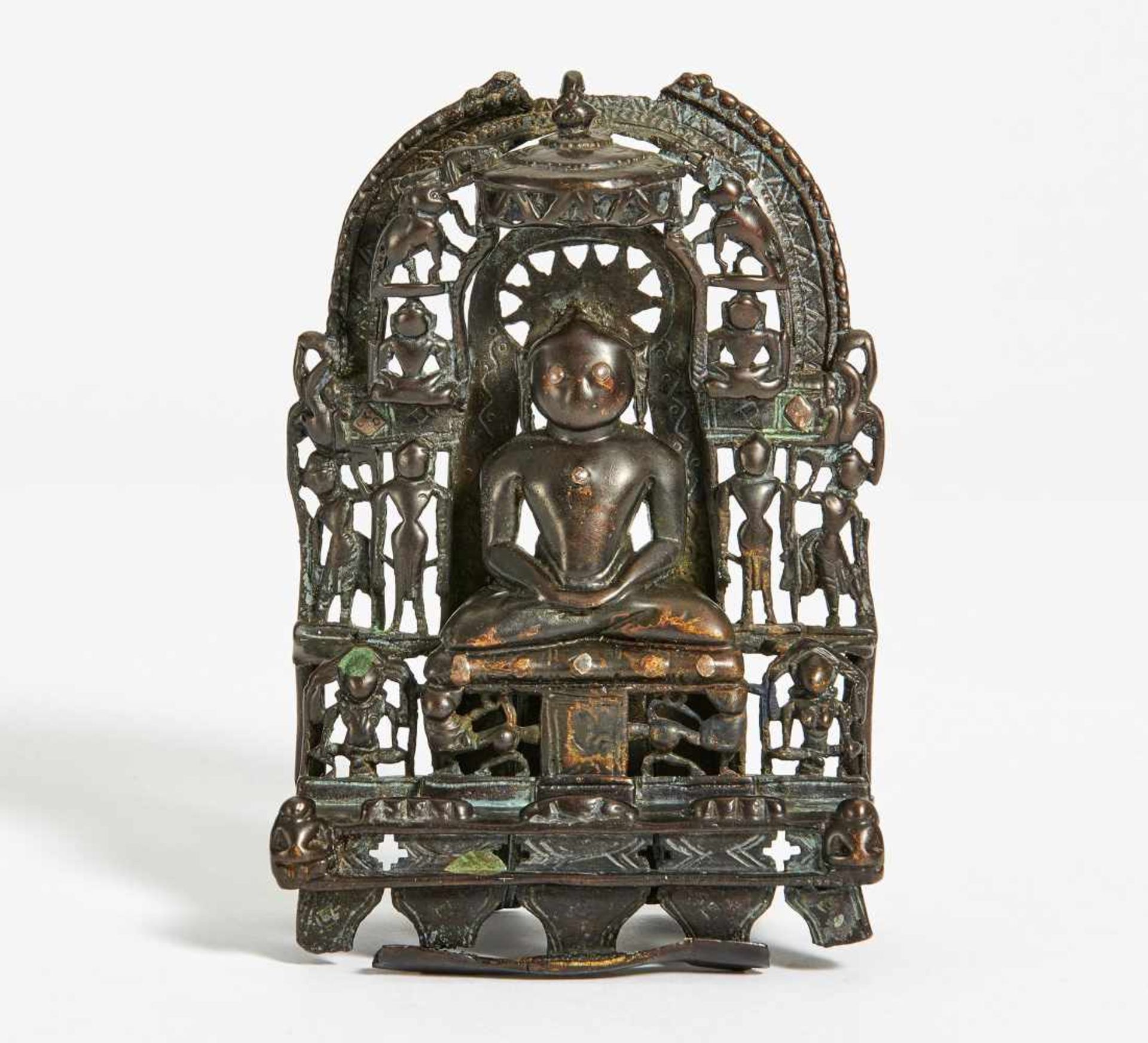 SMALL JAIN ALTAR. India. On the back dated 15th c. Copper bronze with inlays of copper and silver,