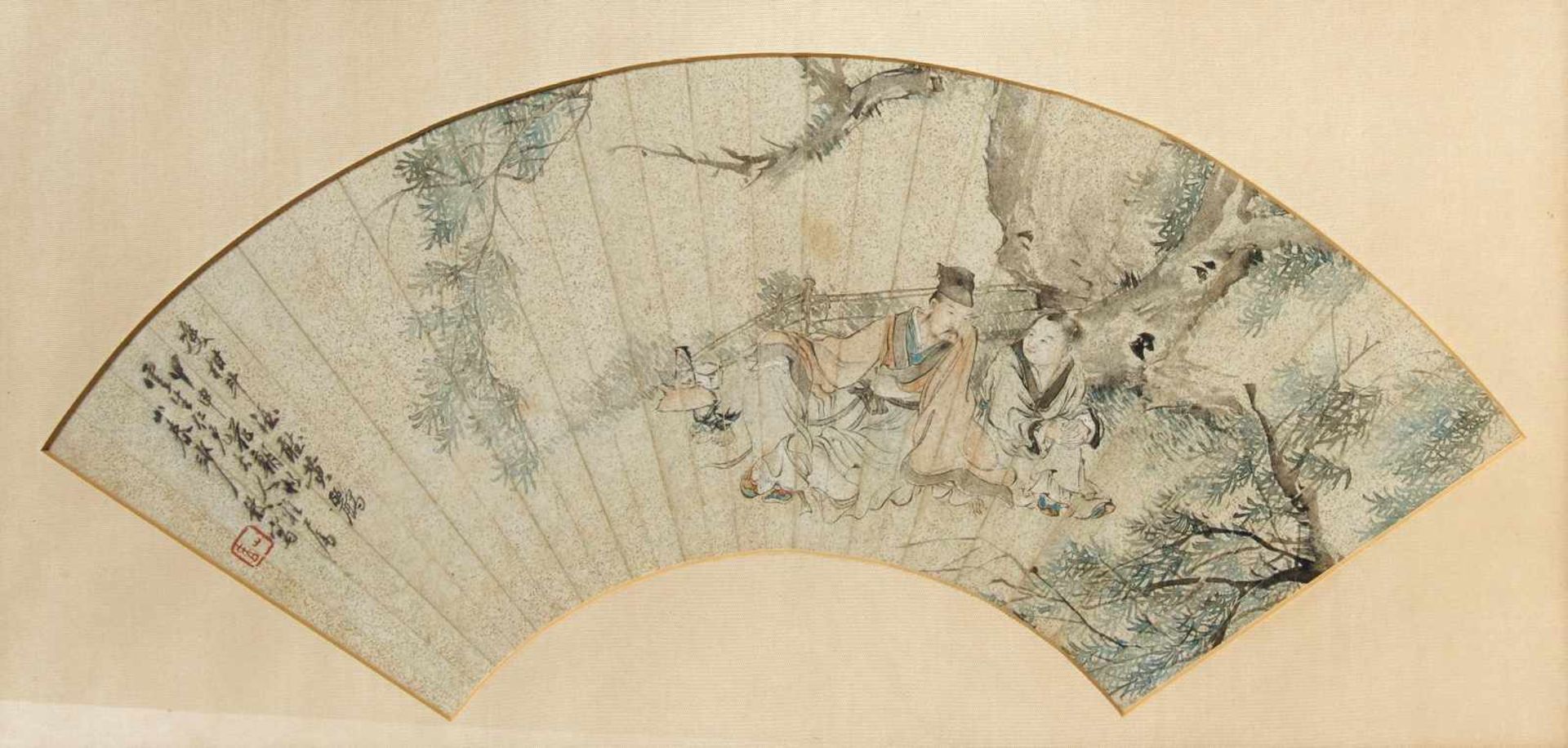 TWO FAN PAINTINGS. China. 19th c. Ink and color on paper. Mounted with passe-partout on cardboard,