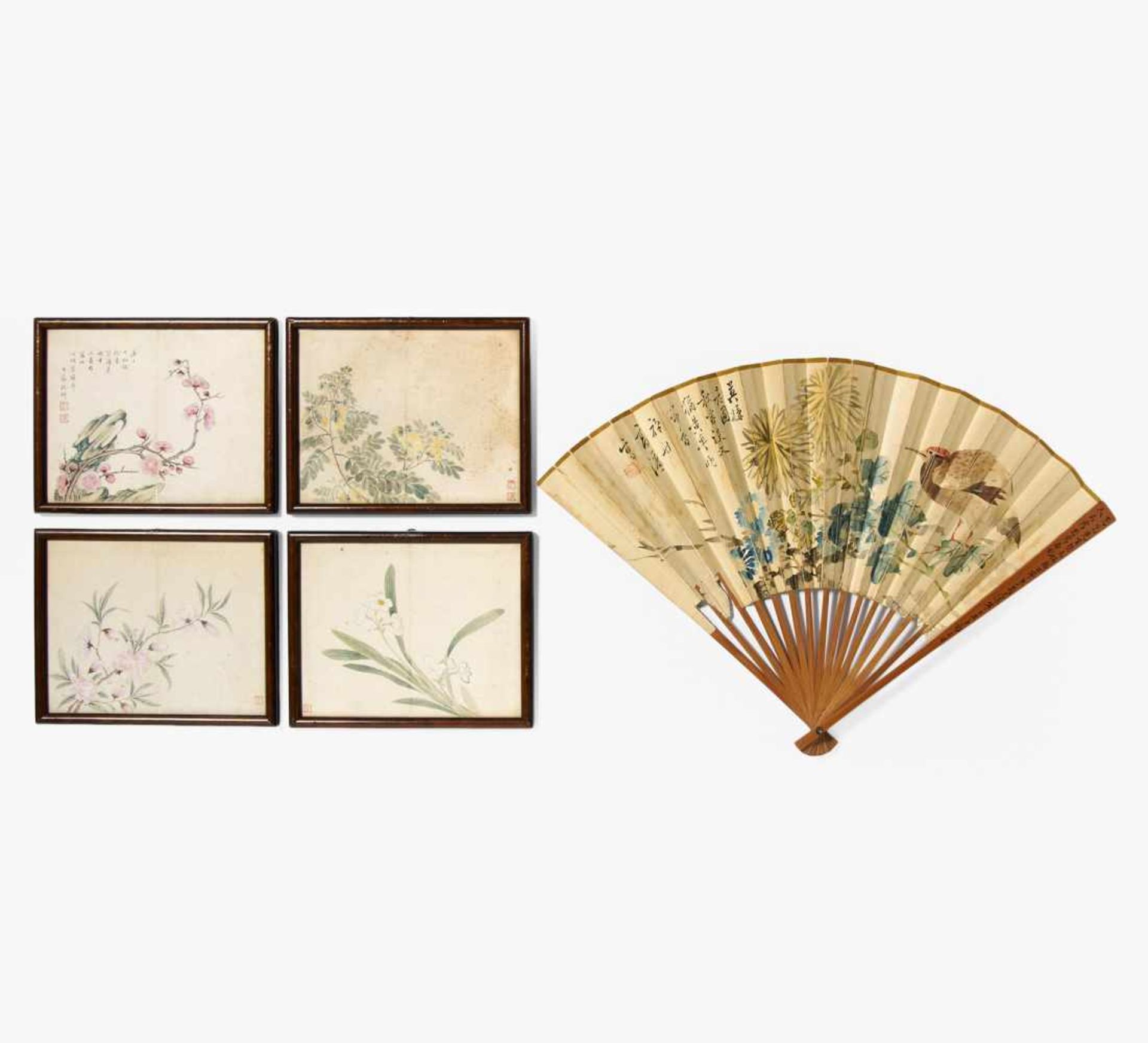 FAN AND FOUR MINIATURE PAINTINGS. China. Qing dynasty. 19th c. Ink and color on paper. a) Fan: Front