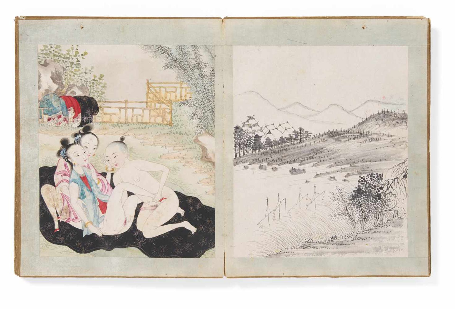 FANFOLD BOOK WITH 18 EROTIC AND 18 BLACK INK PAINTINGS. China. Qing dynasty. 18th/19th c. Ink, - Bild 2 aus 17