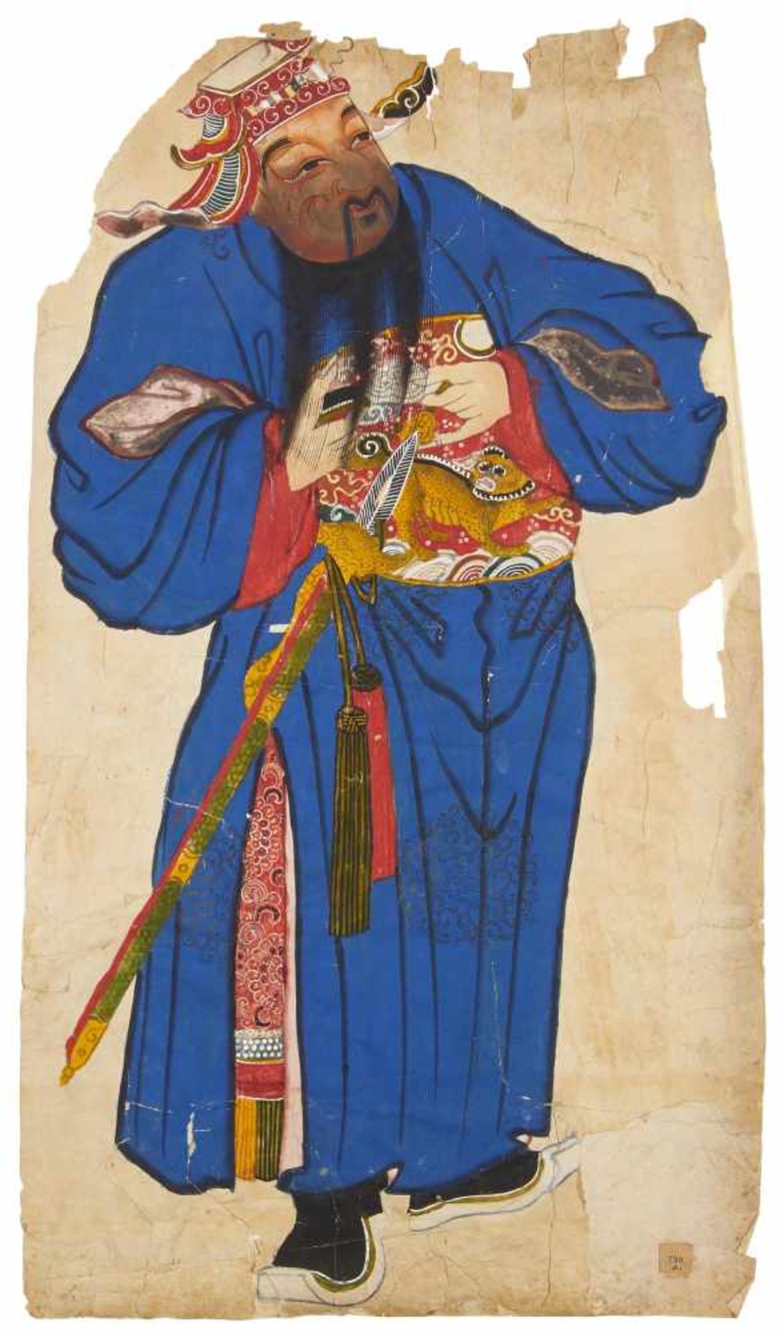 THREE COLORED WOODBLOCK PRINTS WITH DOOR GODS RESP. A MOTHER WITH BOY. China. Qing dynasty. 18th - Image 2 of 4