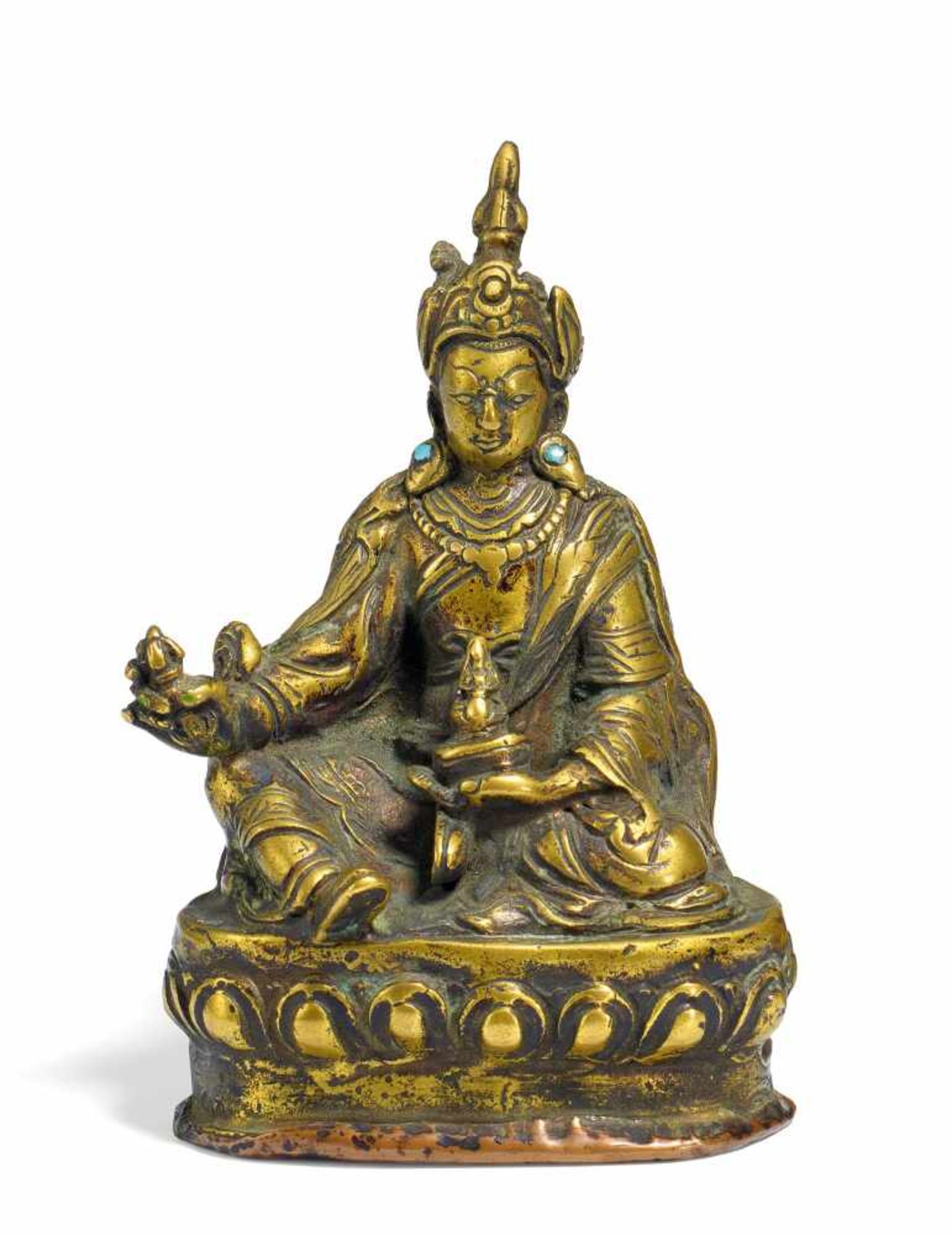 PADMASAMBHAVA. Tibet. 17th/18th c. Copper bronze with fire gilding and inlaid stones. Guru