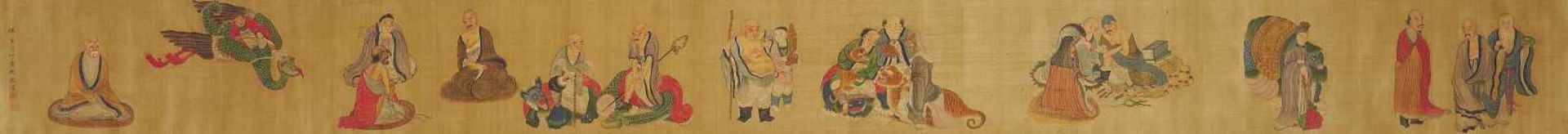 HAND SCROLL WITH THE EIGHTEEN LUOHAN. China. In the style of Ding Yunpeng (1547-1628), but later.