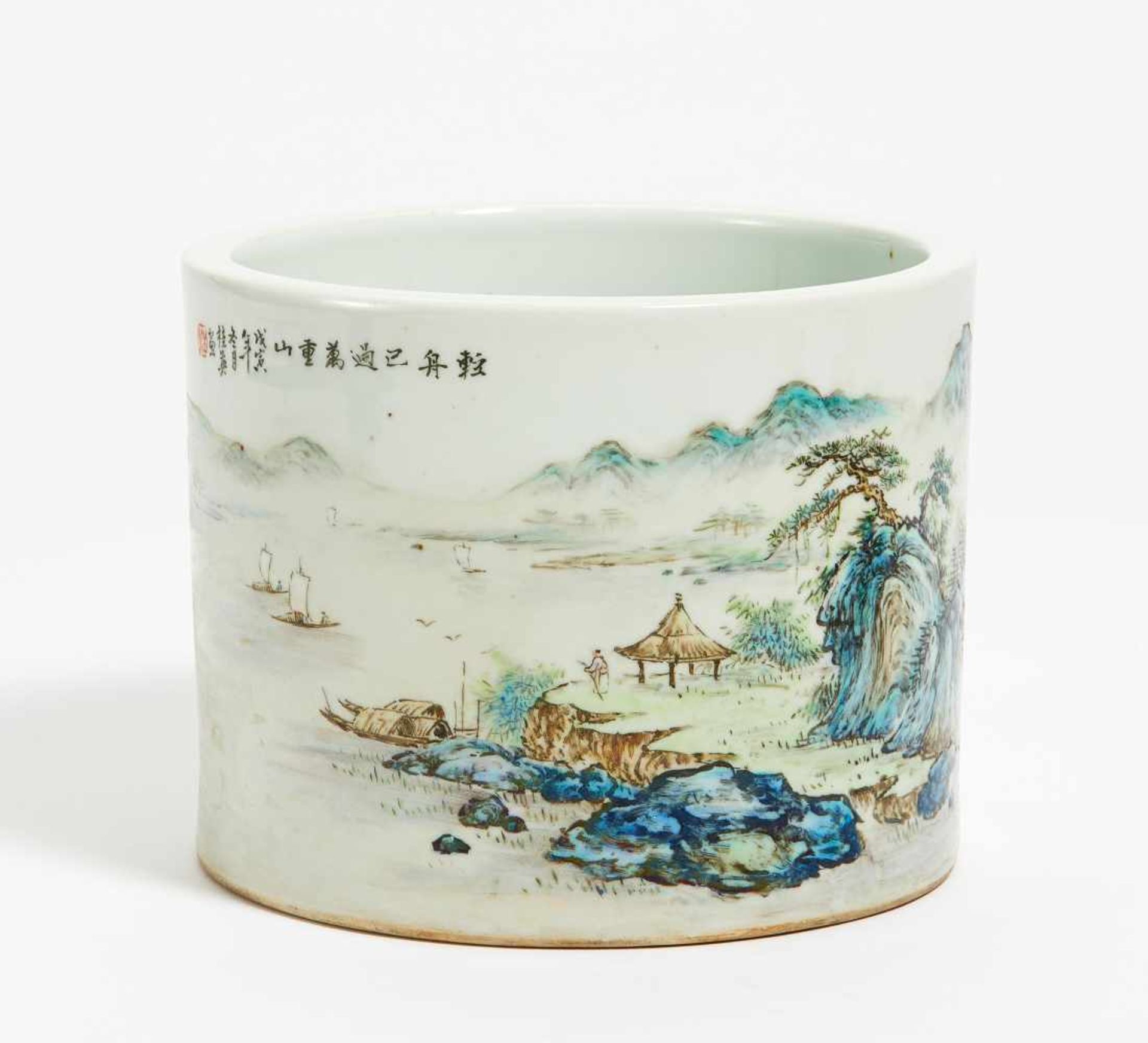 LARGE BRUSHPOT WITH LANDSCAPE. China. 20th c. In the style of Wang Guiying (1931-2012). Heavy