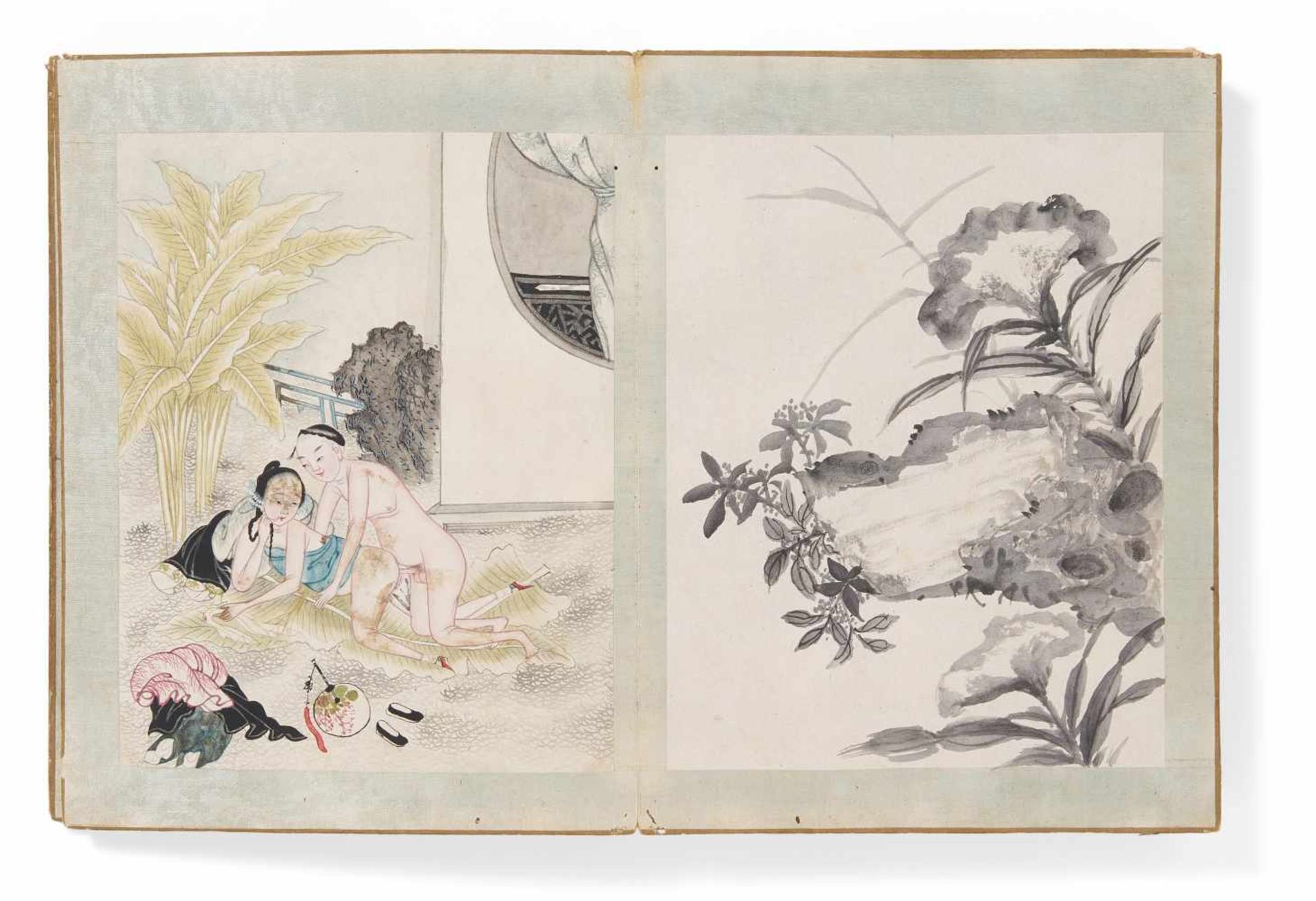 FANFOLD BOOK WITH 18 EROTIC AND 18 BLACK INK PAINTINGS. China. Qing dynasty. 18th/19th c. Ink,
