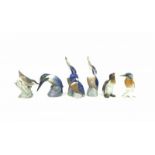 6 porseleinen sculpturen met voorstelling van vogels, gemerkt: Royal Copenhagen, Rosenthal en Bing &