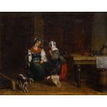 papier op paneel, 15 x 18, Interieur met dames en hond, gesigneerd r.o. Bos 1848