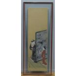Japanse aquarel met voorstelling van 2 hofdames bij scherm, h. 98, br. 29, ingelijst achter glas
