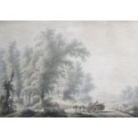 aquarel, 28 x 40 cm, landschap met paard en wagen op pad aan bosrand, mogelijk vervaardigd door
