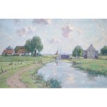Willem Noordijk (1887-1970)doek, 40 x 60, Landschap met boerderijen aan het water, gesigneerd l.o.
