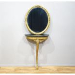 vergulde ovale spiegel en bijpassende vergulde console met donker marmeren blad, 20e eeuw,