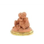 Franse terracotta sculptuur van 2 putti, op integrale ovale voet, 19e eeuw, h. 28 cm