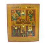 Russische ikoon met voorstelling van vier velden met voorstelling van o.a. St. Nicolaas, Barbara