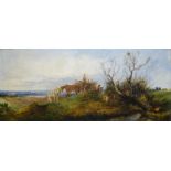 paneel, 28 x 63, Engels landschap met paard en wagen, gesigneerd l.o. E.A. Brook