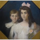 pastel, 63 x 63, Dubbelportret van een jongen en een meisje met strik, onbekend