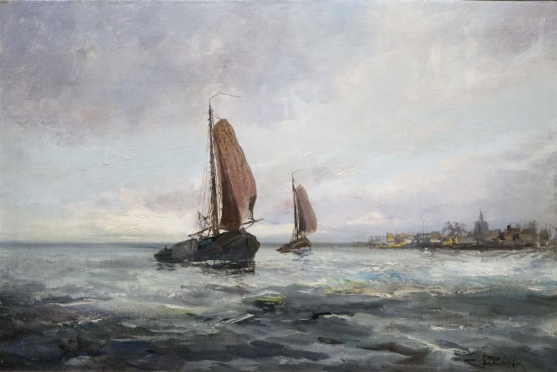 Cornelis de Bruin (1870-1940)doek, 40 x 60, Botters op het open water, gesigneerd r.o.