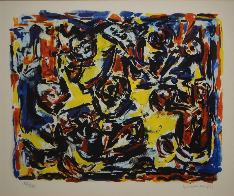 Theo Wolvecamp (1925-1992)kleurenlitho,53 x 64, compositie, gesigneerd r.o. '90, oplage XIX/XXX