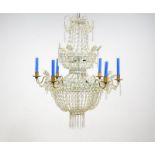 kroonlamp met 6 gebogen kaarsenhouders en geslepen glazen pegels, empire-stijl, hoogte inclusief