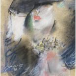 Jack de Rijk (1931-2005)gemengde techniek op papier, 23 x 23, Dame met hoed, gesigneerd l.o. '89