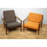 stel Deense teakhouten design armfauteuils met uitneembare kussens, jaren '60